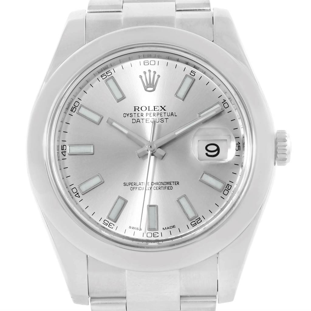 The image shows a front view of the Rolex Datejust 41 116300 Men's Stainless Steel Silver Dial 116300 Men's Stainless Steel Silver Dial watch, highlighting its dial, hands, markers, date window, and crown.