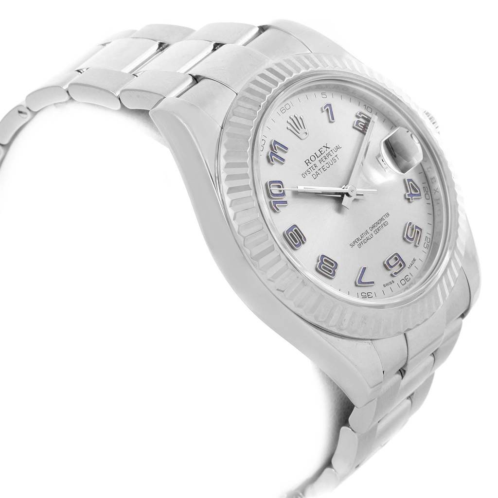 This image shows a close-up angled view of the Rolex Datejust 41 116334 Men's Stainless Steel Grey Dial 116334 Men's Stainless Steel Grey Dial watch, highlighting the face and stainless steel bracelet.