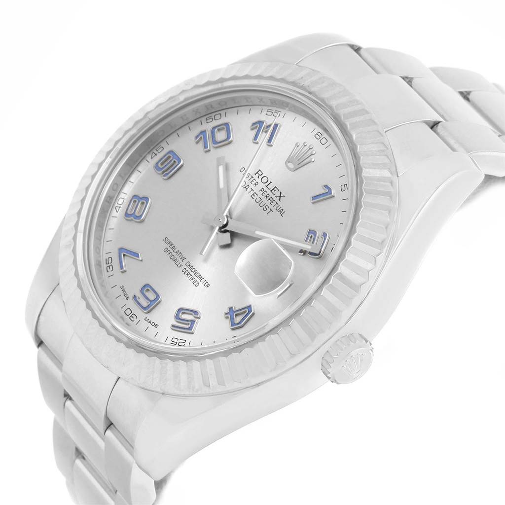 This image shows a Rolex Datejust 41 116334 Men's Stainless Steel Grey Dial 116334 Men's Stainless Steel Grey Dial model watch angled to display the dial, bezel, crown, and part of the bracelet.