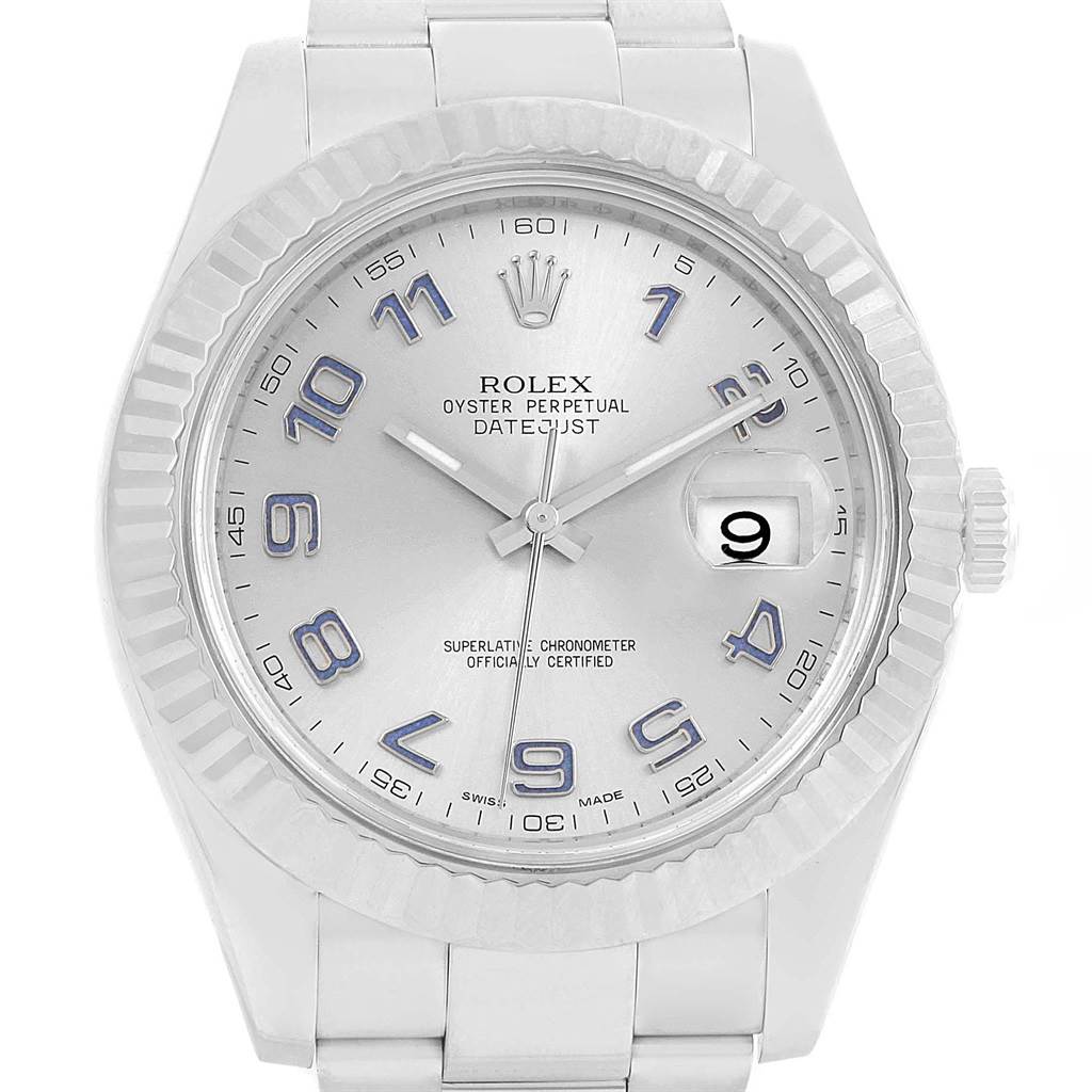 This image shows a Rolex Datejust 41 116334 Men's Stainless Steel Grey Dial 116334 Men's Stainless Steel Grey Dial watch from a front angle, highlighting its face, bezel, and bracelet.
