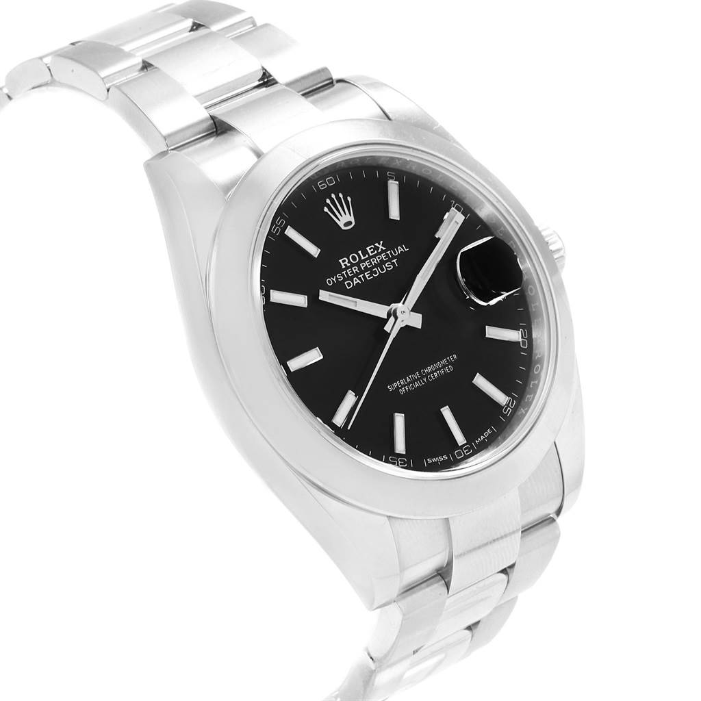 This image shows a Rolex Datejust 41 126300 Men's Stainless Steel Black Dial 126300 Men's Stainless Steel Black Dial watch at a three-quarter angle, highlighting the black dial and stainless steel bracelet.