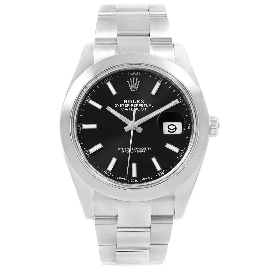 The Rolex Datejust 41 126300 Men's Stainless Steel Black Dial 126300 Men's Stainless Steel Black Dial model watch is shown from a front angle, highlighting its face, bezel, and bracelet.