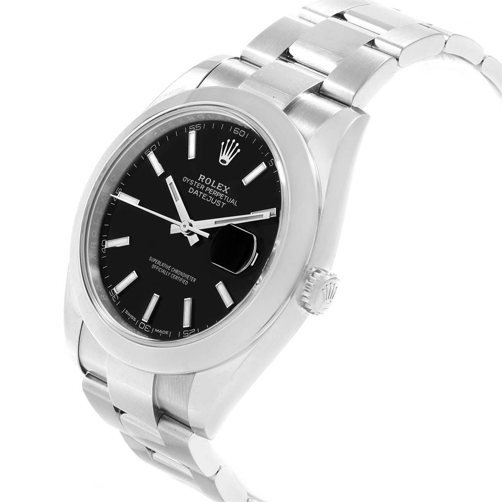 The image shows a Rolex Datejust 41 126300 Men's Stainless Steel Black Dial 126300 Men's Stainless Steel Black Dial watch at a front angle, displaying the black dial, crown, and part of the bracelet.