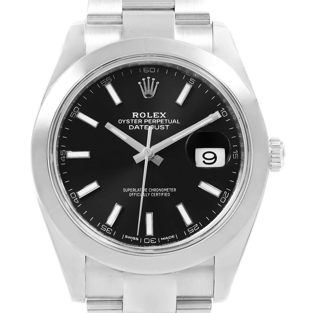 The Rolex Datejust 41 126300 Men's Stainless Steel Black Dial 126300 Men's Stainless Steel Black Dial model is shown from a front angle, displaying its black dial, date window, and stainless steel bracelet.