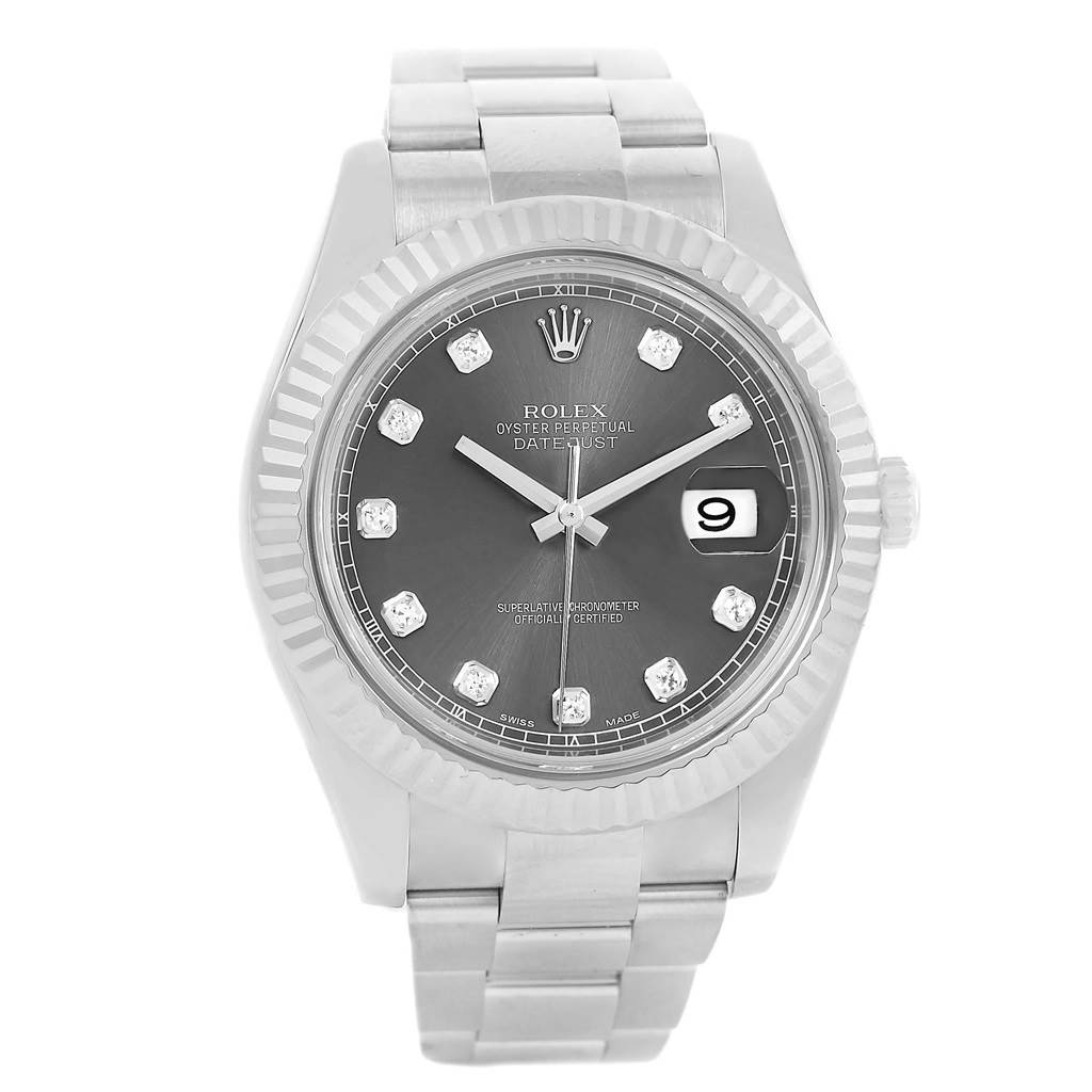 The Rolex Datejust 41 116334 Men
s Stainless Steel Grey Dial 116334 Men
s Stainless Steel Grey Dial watch is shown from a front angle, displaying the dial, bezel, hands, date window, and bracelet.