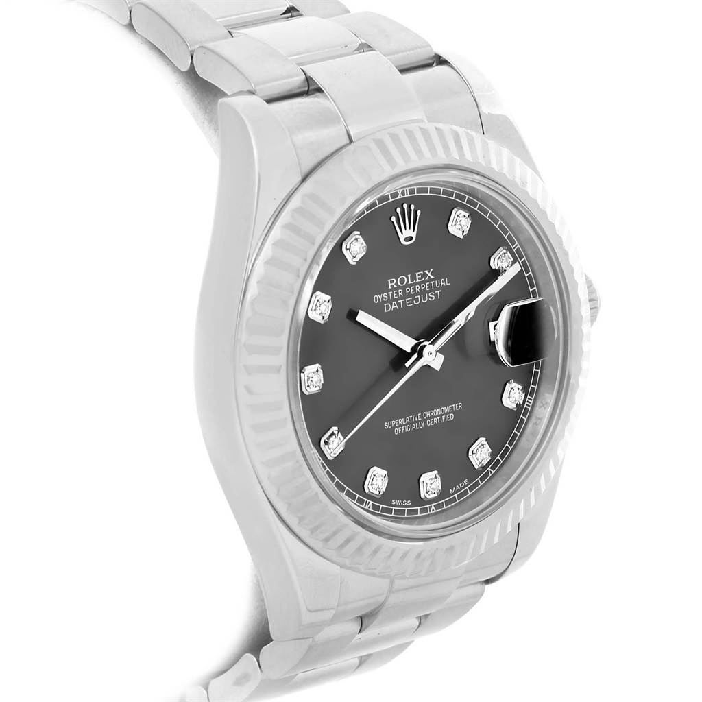 This image shows a Rolex Datejust 41 116334 Men
s Stainless Steel Grey Dial 116334 Men
s Stainless Steel Grey Dial watch from a front-side angle, highlighting its black dial, fluted bezel, and bracelet.