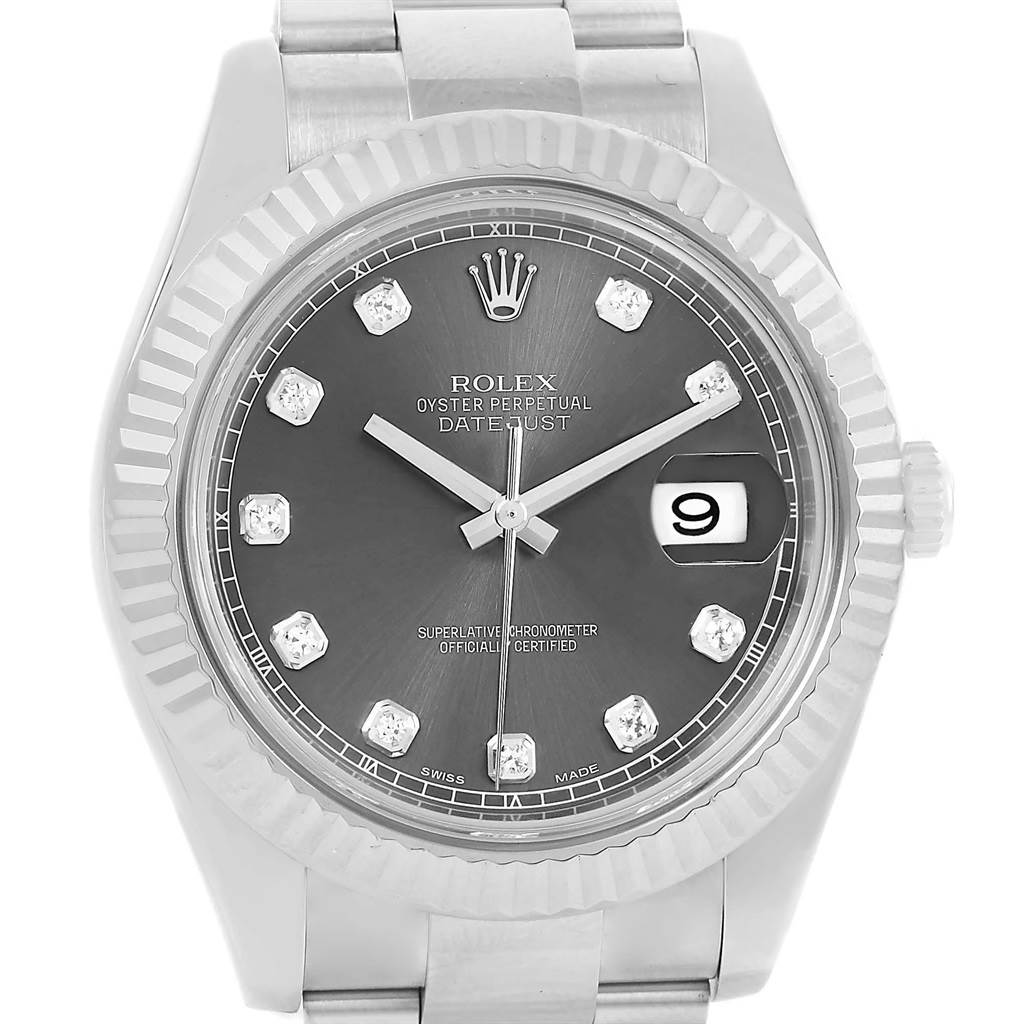 This image shows a frontal view of a Rolex Datejust 41 116334 Men
s Stainless Steel Grey Dial 116334 Men
s Stainless Steel Grey Dial watch, highlighting its dial, fluted bezel, hands, and date window.