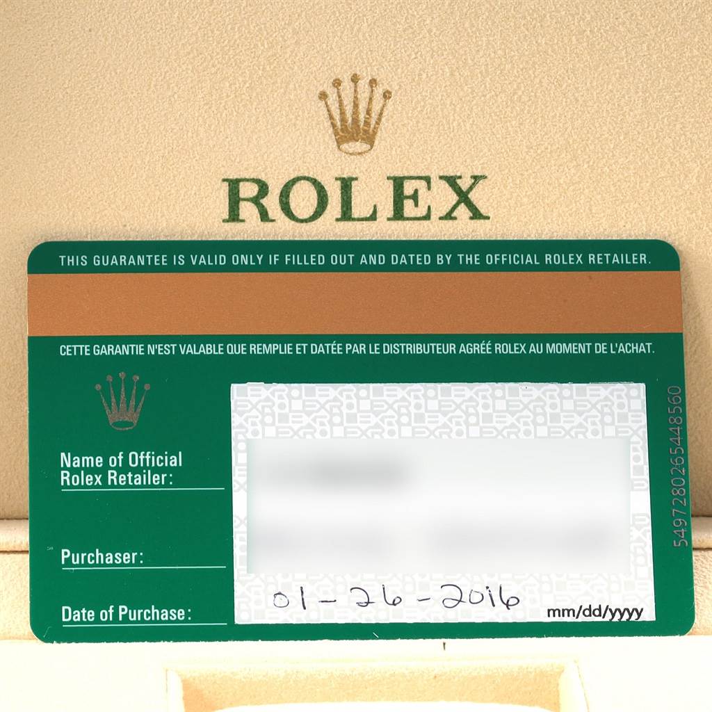 This image shows the warranty card for a Rolex Datejust 41 116334 Men
s Stainless Steel Grey Dial 116334 Men
s Stainless Steel Grey Dial model.
