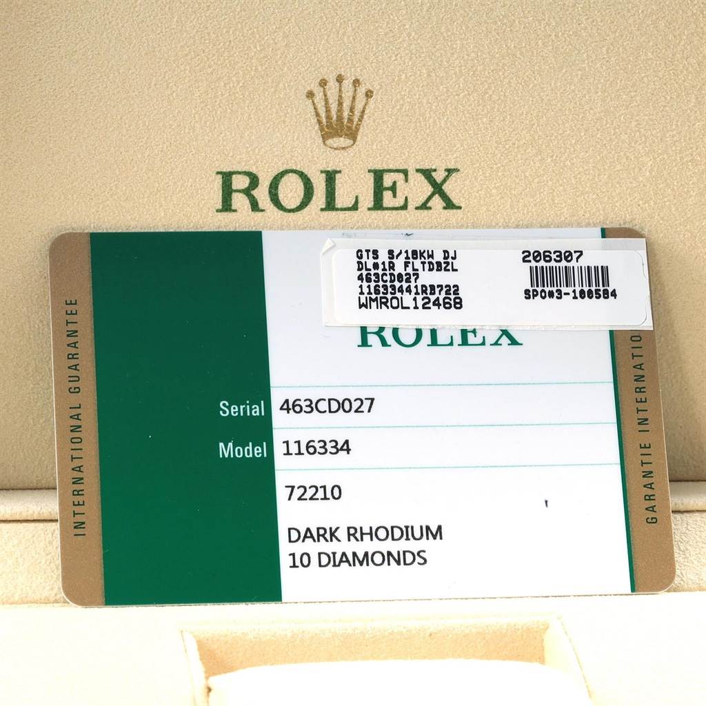 The image shows the warranty card for a Rolex Datejust 41 116334 Men
s Stainless Steel Grey Dial 116334 Men
s Stainless Steel Grey Dial model, with related information such as serial and model numbers.