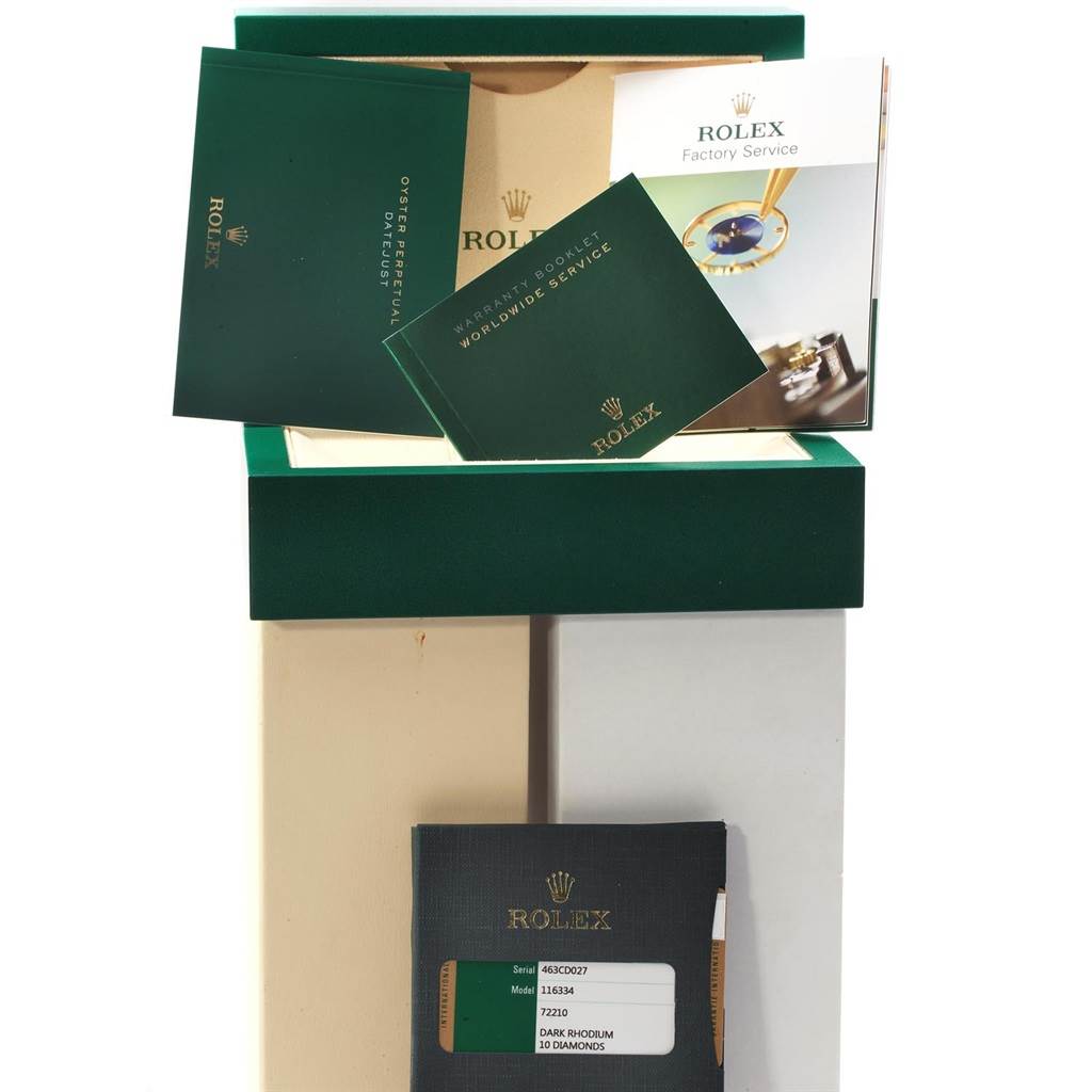 The image shows the packaging, warranty booklet, and factory service booklet for the Rolex Datejust 41 116334 Men
s Stainless Steel Grey Dial 116334 Men
s Stainless Steel Grey Dial model.