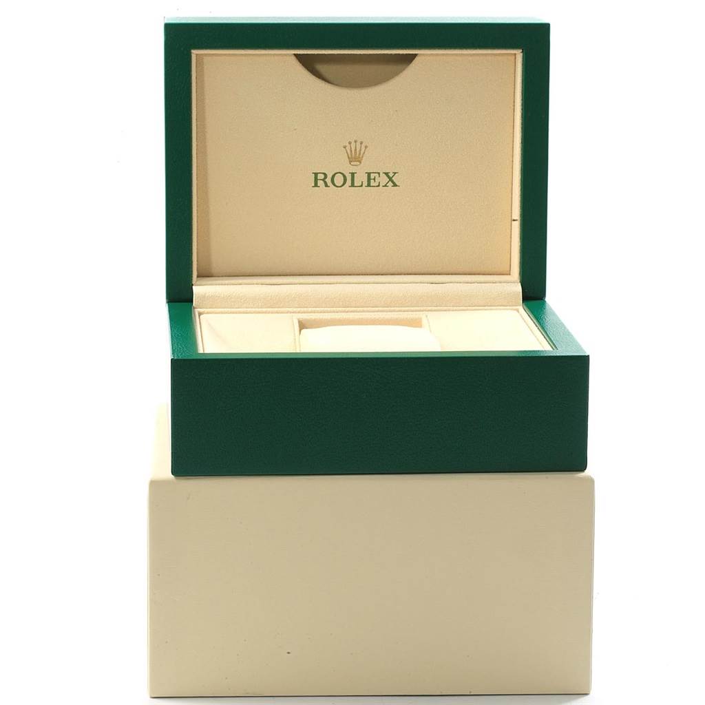 This image shows the open box for a Rolex Datejust 41 116334 Men's Stainless Steel Blue Dial 116334 Men's Stainless Steel Blue Dial watch, displaying its interior cushioning and Rolex branding.