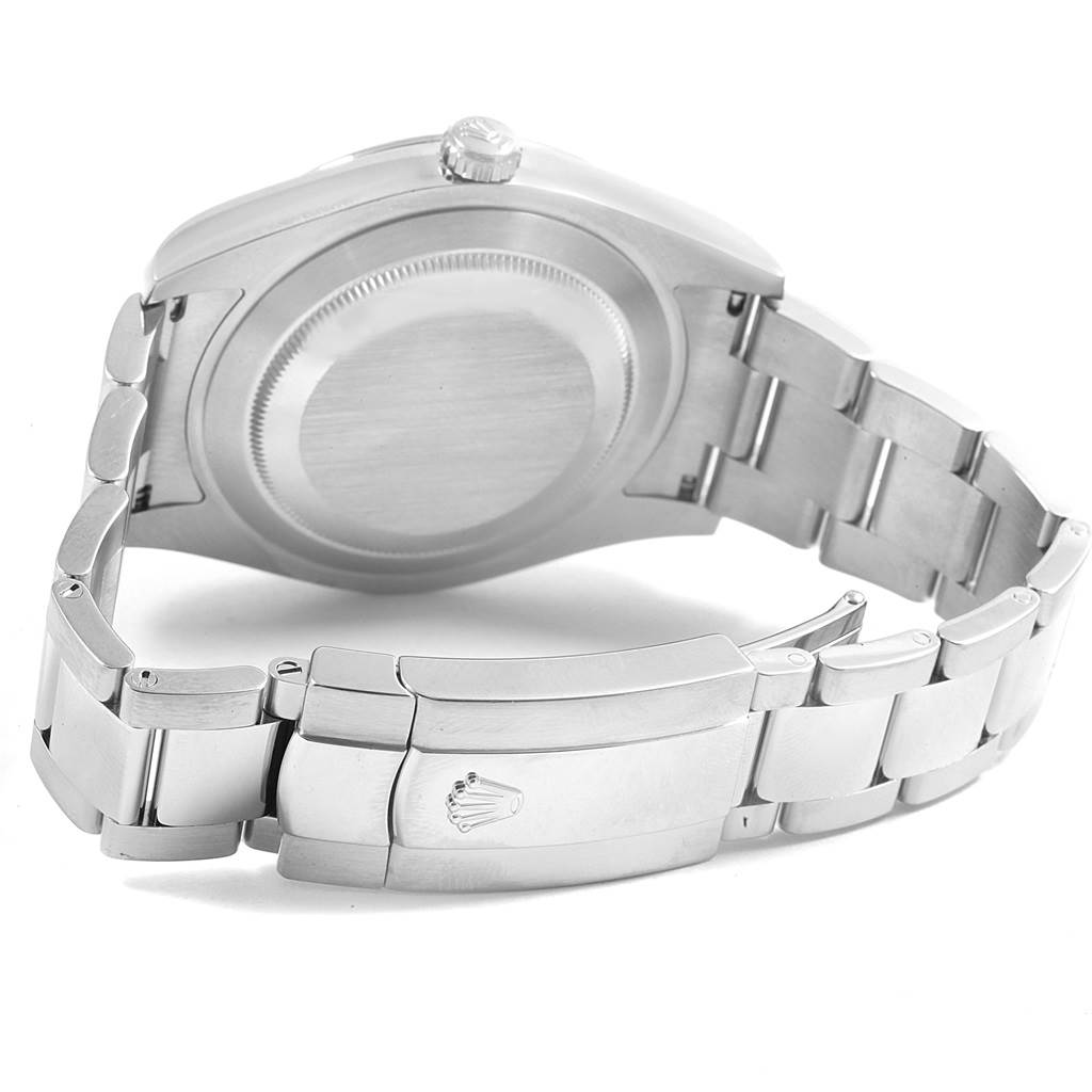 This image shows the back view of the Rolex Datejust 41 116334 Men's Stainless Steel Blue Dial 116334 Men's Stainless Steel Blue Dial, highlighting the case, bracelet, and clasp with the Rolex logo.