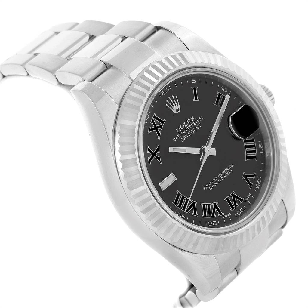 The image shows a close-up angled view of the Rolex Datejust 41 116334 Men
s Stainless Steel Grey Dial 116334 Men
s Stainless Steel Grey Dial, highlighting the dial, bezel, and part of the bracelet.