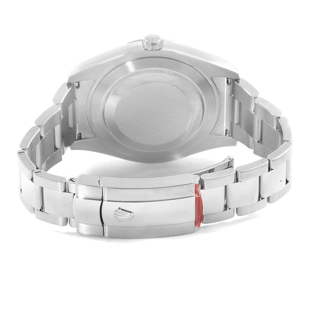 The image shows the back view of the Rolex Datejust 41 116334 Men
s Stainless Steel Grey Dial 116334 Men
s Stainless Steel Grey Dial model, highlighting the case back and the closed clasp of the metal bracelet.