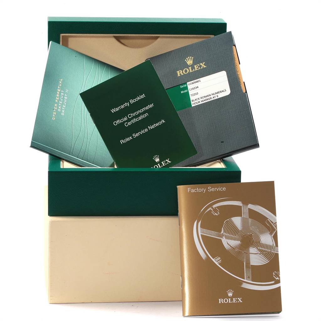 The image shows the packaging and booklets for a Rolex Datejust 41 116334 Men
s Stainless Steel Grey Dial 116334 Men
s Stainless Steel Grey Dial model, including warranty and service manuals.