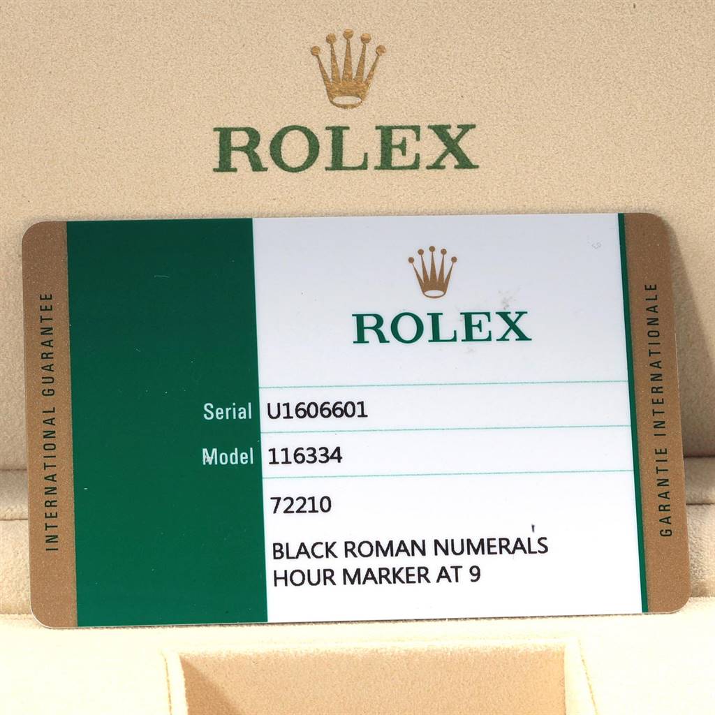 This image shows the international guarantee card for the Rolex Datejust 41 116334 Men
s Stainless Steel Grey Dial 116334 Men
s Stainless Steel Grey Dial, displaying its serial and model numbers.