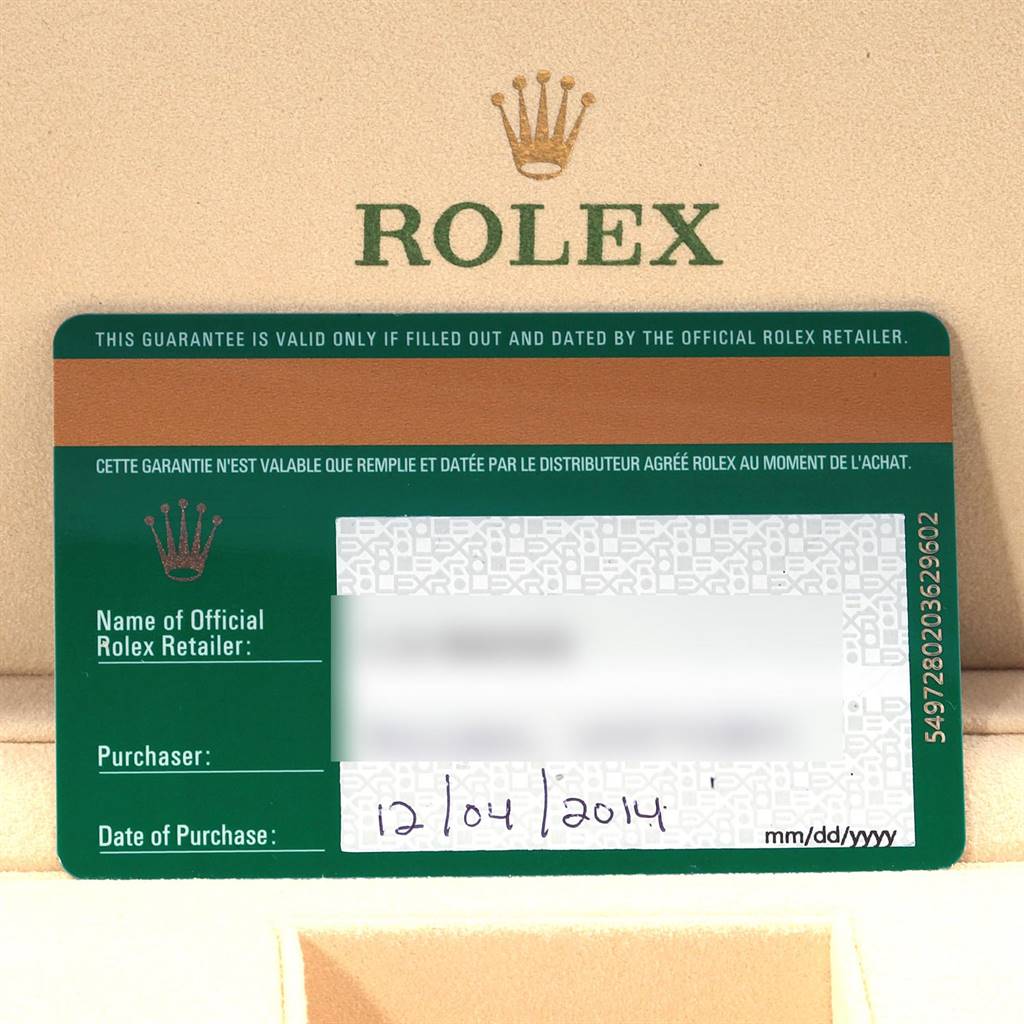 The image shows a certificate card for the Rolex Datejust 41 116334 Men
s Stainless Steel Grey Dial 116334 Men
s Stainless Steel Grey Dial, including purchase details within its box.