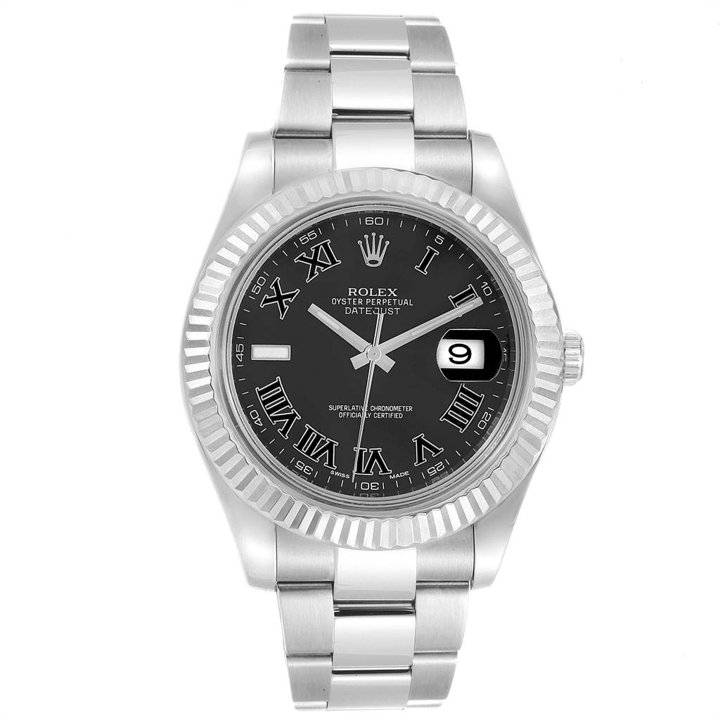 The image shows a front view of a Rolex Datejust 41 116334 Men
s Stainless Steel Grey Dial 116334 Men
s Stainless Steel Grey Dial watch, displaying the dial, bracelet, and bezel.