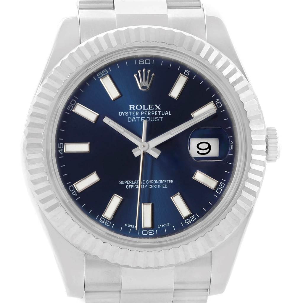 The image shows a front angle view of the Rolex Datejust 41 116334 Men's Stainless Steel Blue Dial 116334 Men's Stainless Steel Blue Dial watch, highlighting its blue dial and date window.