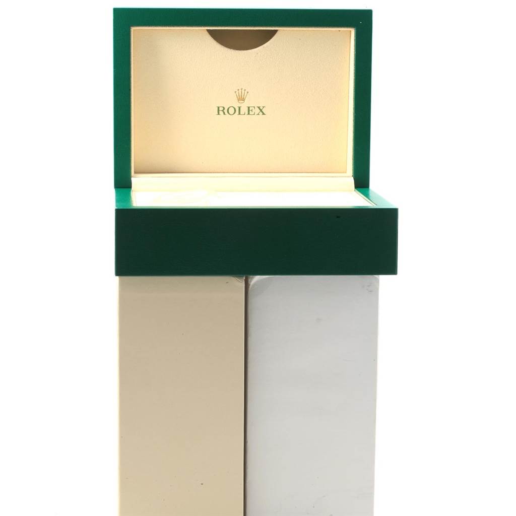 This image shows an open green and beige Rolex watch box for the Datejust 41 model.