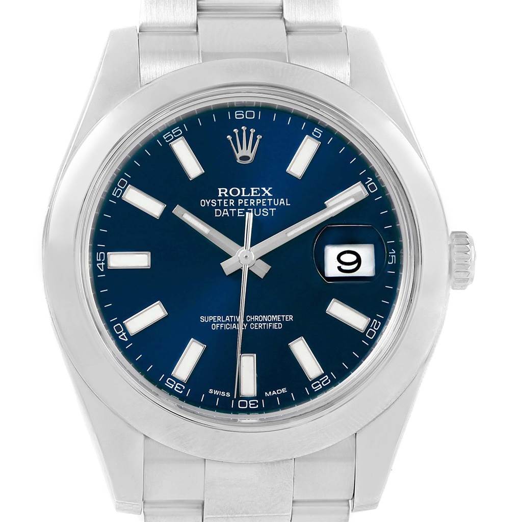 The image shows a front view of the Rolex Datejust 41 116300 Men's Stainless Steel Blue Dial 116300 Men's Stainless Steel Blue Dial watch, highlighting its blue dial, date window, and stainless steel bracelet.