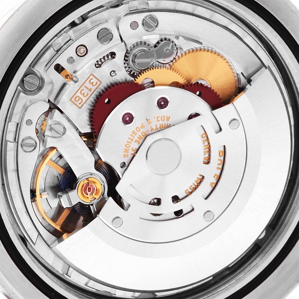 This image shows a close-up view of the movement and inner mechanical parts of a Rolex Datejust 41 116300 Men's Stainless Steel Blue Dial 116300 Men's Stainless Steel Blue Dial watch.