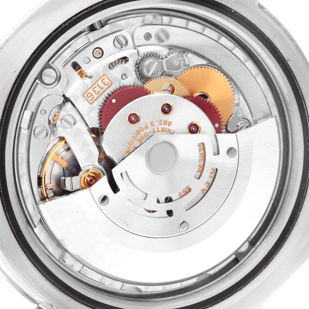 Close-up of the Rolex Datejust 41 116334 Men's Stainless Steel Grey Dial 116334 Men's Stainless Steel Grey Dial model showing the intricate components and gears of the watch's movement.