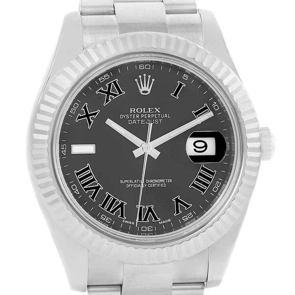 This image shows the front view of a Rolex Datejust 41 116334 Men's Stainless Steel Grey Dial 116334 Men's Stainless Steel Grey Dial watch, highlighting the dial, bezel, and bracelet.