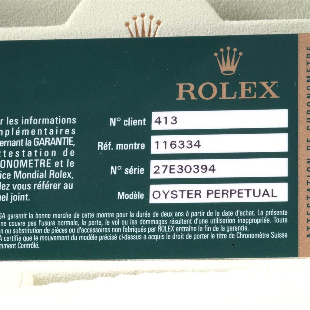 The image shows a Rolex authenticity and warranty card for the Datejust 41 model by Rolex at a flat angle.