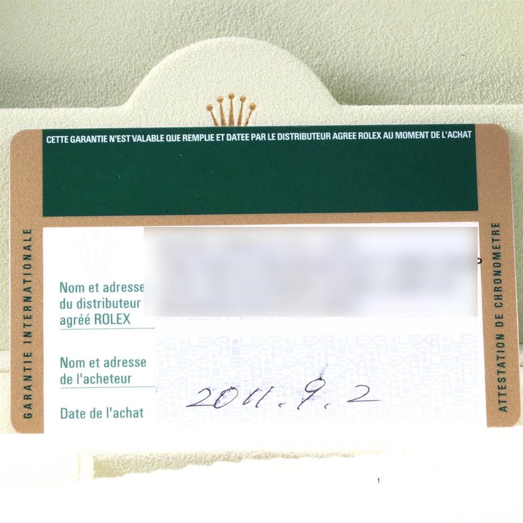 This image shows the international warranty card for the Rolex Datejust 41 116334 Men's Stainless Steel Grey Dial 116334 Men's Stainless Steel Grey Dial model.