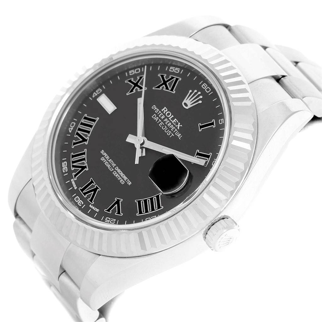 The Rolex Datejust 41 116334 Men's Stainless Steel Grey Dial 116334 Men's Stainless Steel Grey Dial model watch is shown at a slight side angle, displaying its Roman numeral dial, bezel, and part of the bracelet.