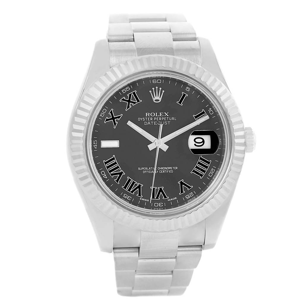 The image shows a frontal view of the Rolex Datejust 41 116334 Men's Stainless Steel Grey Dial 116334 Men's Stainless Steel Grey Dial watch, displaying the dial, bezel, and part of the bracelet.