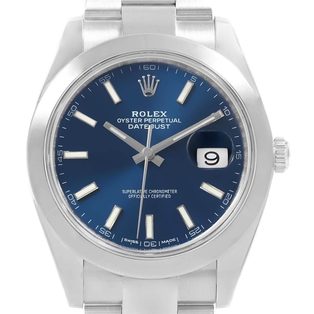 The image shows a front view of the Rolex Datejust 41 126300 Men's Stainless Steel Blue Dial 126300 Men's Stainless Steel Blue Dial watch, highlighting the dial, hands, crown, and bracelet.