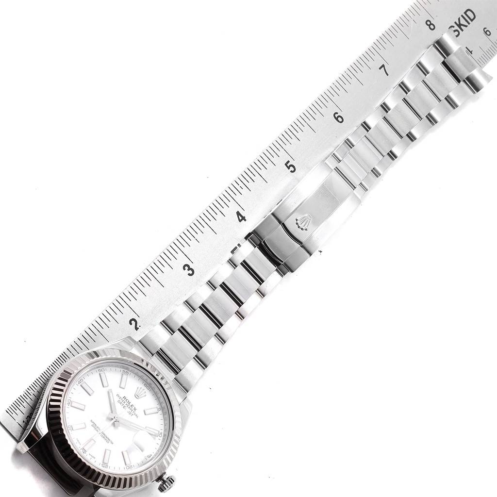 The image shows the Rolex Datejust 41 116334 Men's Stainless Steel White Dial 116334 Men's Stainless Steel White Dial model, displaying its face, bezel, and bracelet, measured with a ruler.