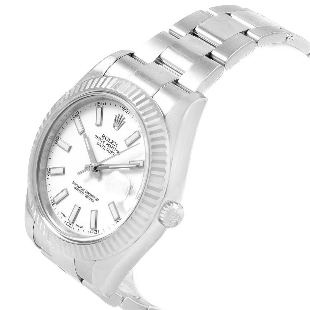 The image shows a Rolex Datejust 41 116334 Men's Stainless Steel White Dial 116334 Men's Stainless Steel White Dial watch from an oblique angle displaying the dial, bezel, crown, and part of the bracelet.