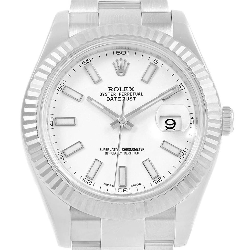 This is a front view of the Rolex Datejust 41 116334 Men's Stainless Steel White Dial 116334 Men's Stainless Steel White Dial watch, showing the dial, bezel, crown, and part of the bracelet.
