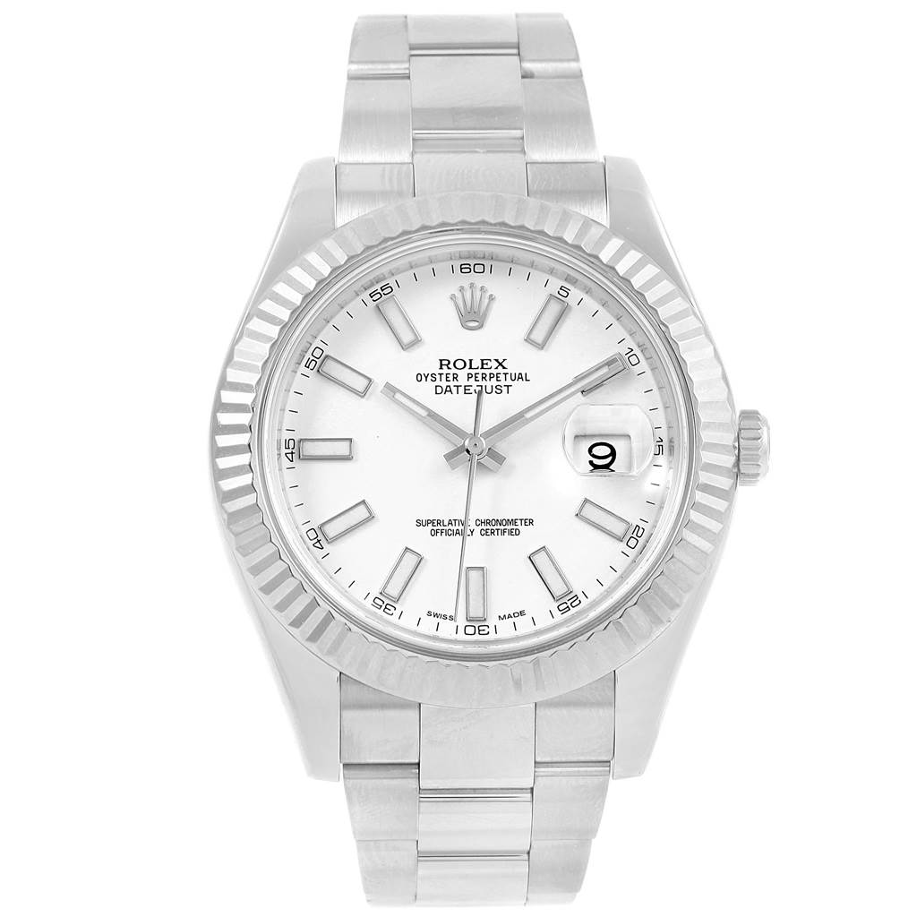 The Rolex Datejust 41 116334 Men's Stainless Steel White Dial 116334 Men's Stainless Steel White Dial watch is shown from a straight-on angle, displaying the dial, bezel, and bracelet.