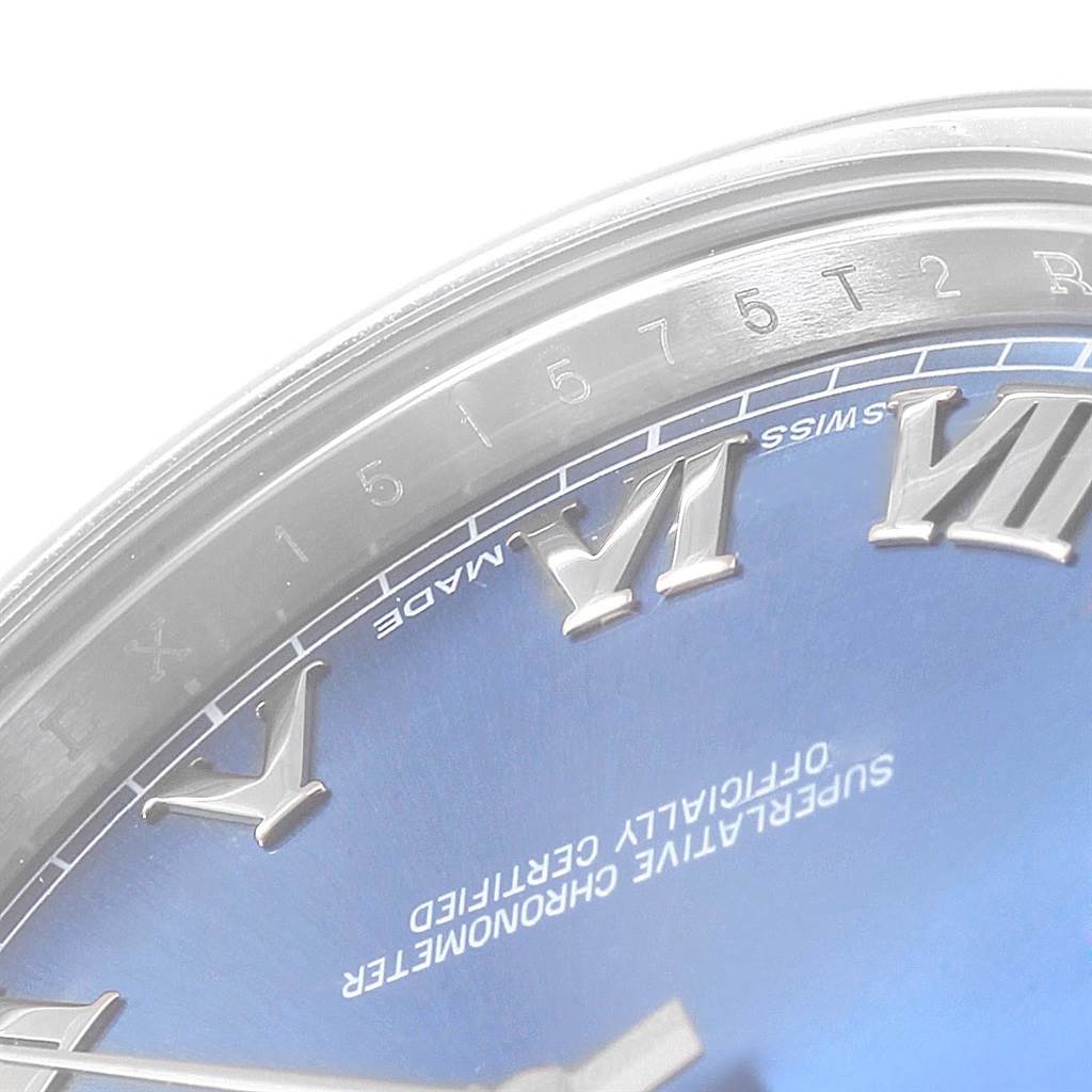 This image shows a close-up of the dial and Roman numerals on a Rolex Datejust 41 116300 Men's Stainless Steel Blue Dial 116300 Men's Stainless Steel Blue Dial watch.