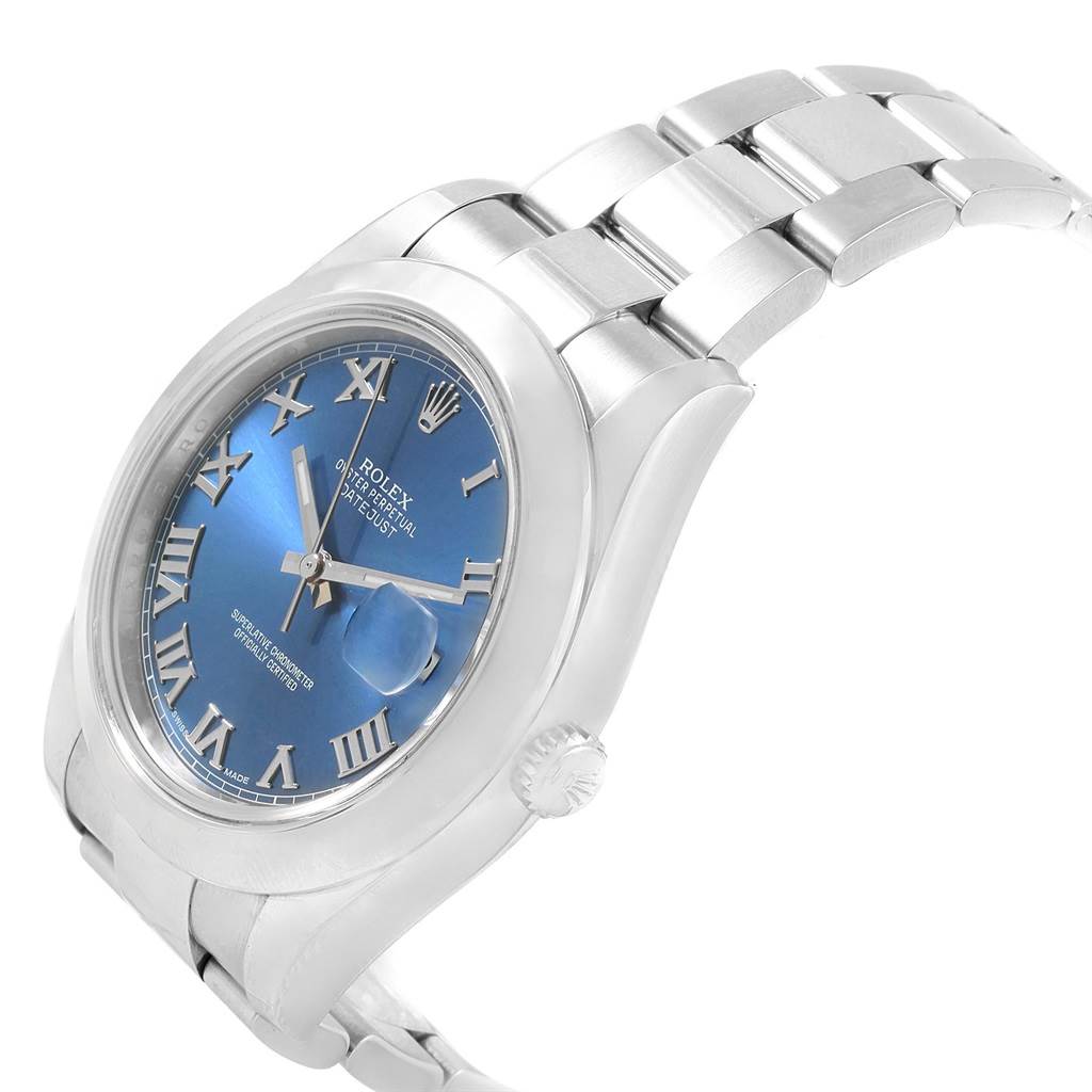 This image shows a side angle of a Rolex Datejust 41 116300 Men's Stainless Steel Blue Dial 116300 Men's Stainless Steel Blue Dial watch, highlighting the dial, crown, and part of the bracelet.