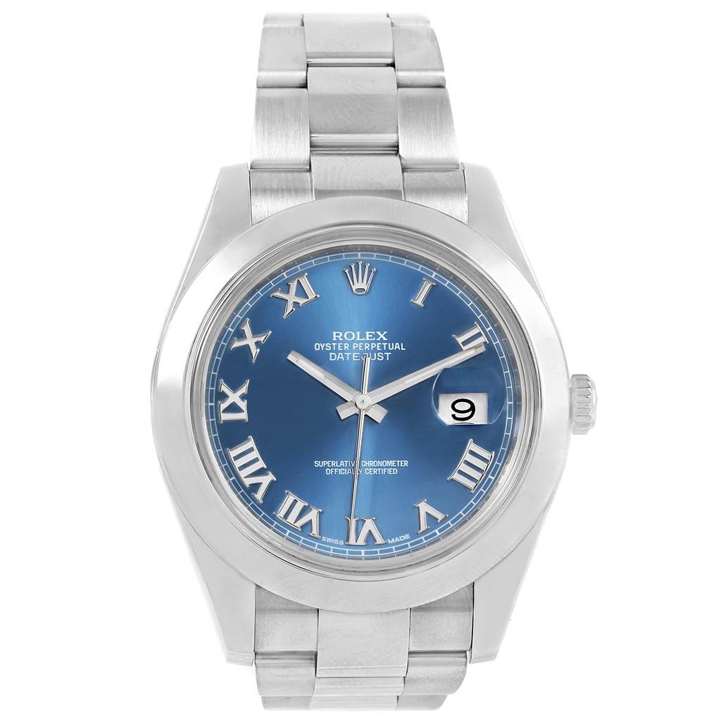 The Rolex Datejust 41 116300 Men's Stainless Steel Blue Dial 116300 Men's Stainless Steel Blue Dial is shown from a front angle, displaying its blue dial, Roman numerals, and oyster bracelet.