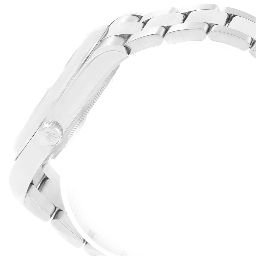 This side view of the Rolex Datejust 41 116300 Men's Stainless Steel Blue Dial 116300 Men's Stainless Steel Blue Dial shows the bracelet and crown.