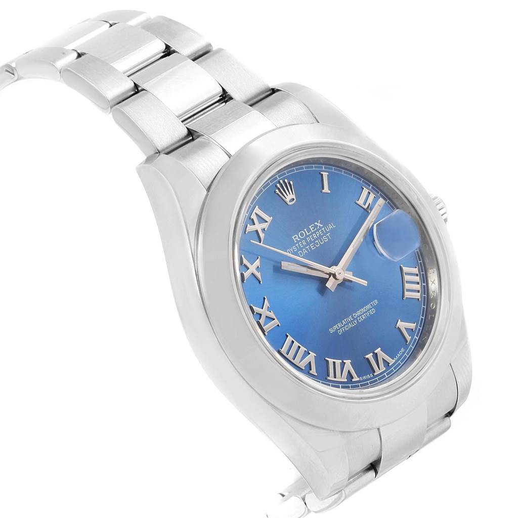 This image shows the Rolex Datejust 41 116300 Men's Stainless Steel Blue Dial 116300 Men's Stainless Steel Blue Dial watch from a three-quarter angle, highlighting its blue dial, bracelet, and Roman numeral markers.