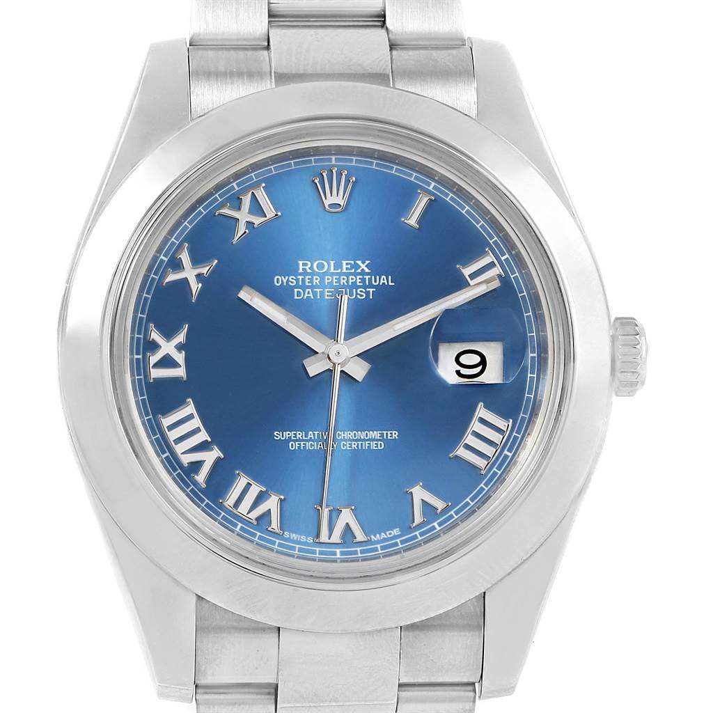 The image shows a front view of a Rolex Datejust 41 116300 Men's Stainless Steel Blue Dial 116300 Men's Stainless Steel Blue Dial watch with a blue dial and Roman numeral markers.