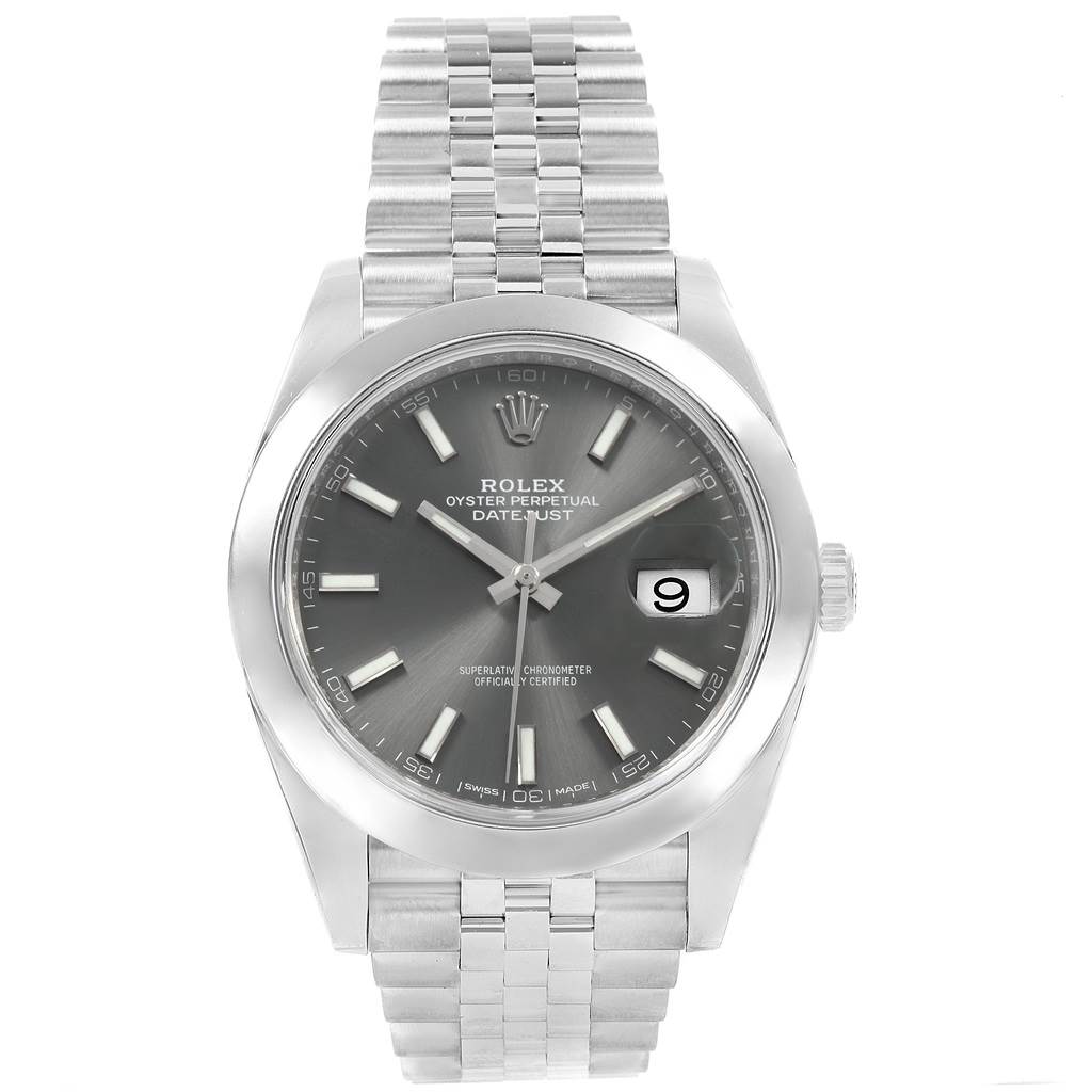 This Rolex Datejust 41 126300 Men's Stainless Steel Grey Dial 126300 Men's Stainless Steel Grey Dial watch is shown from the front, displaying the face, bezel, bracelet, and the date.
