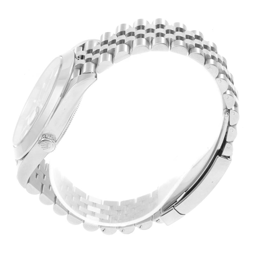 The image shows a side view angle of the Rolex Datejust 41 126300 Men's Stainless Steel Grey Dial 126300 Men's Stainless Steel Grey Dial, highlighting its bezel, crown, and Jubilee bracelet.