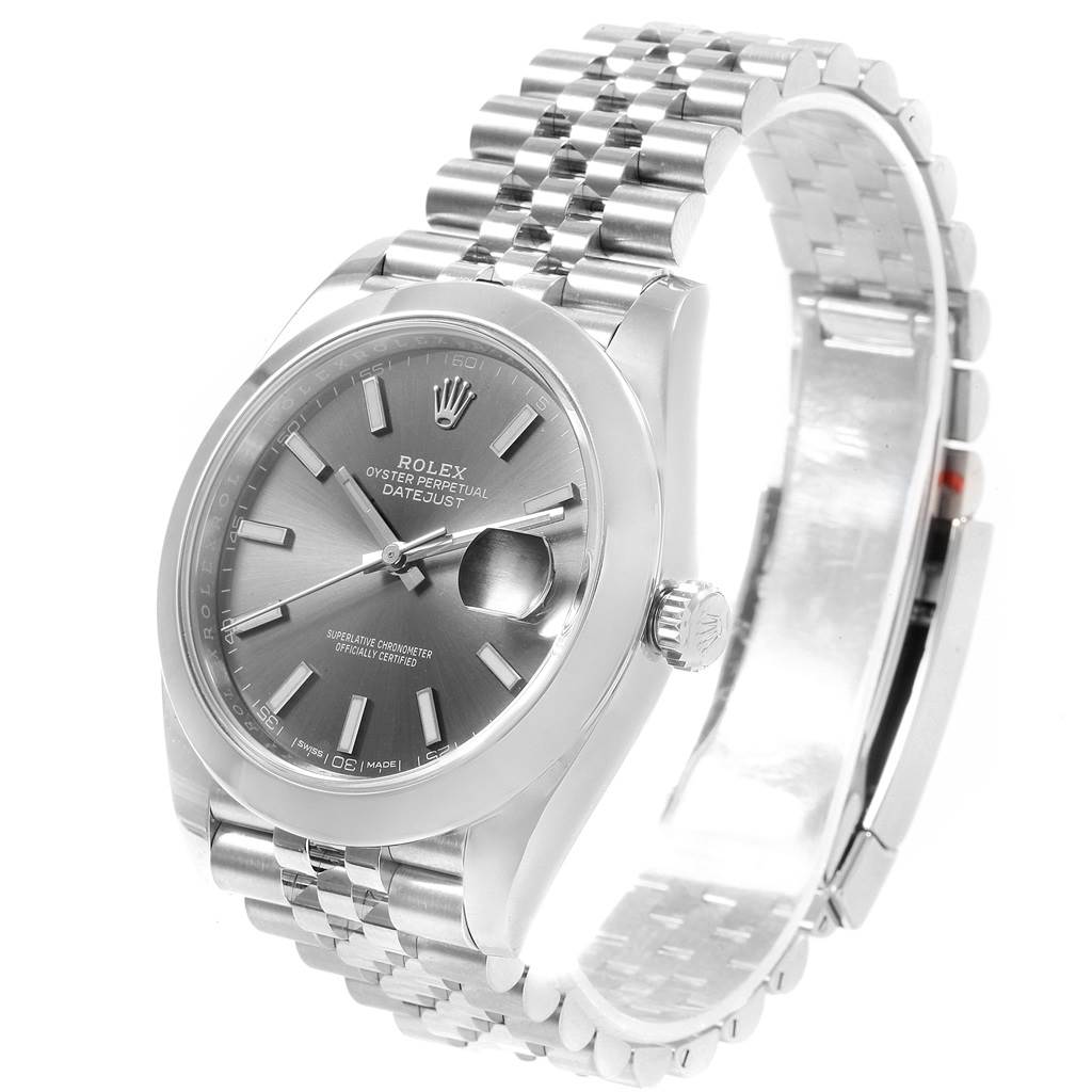 The image shows a Rolex Datejust 41 126300 Men's Stainless Steel Grey Dial 126300 Men's Stainless Steel Grey Dial model from an angled view, displaying its silver dial, bracelet, and crown.