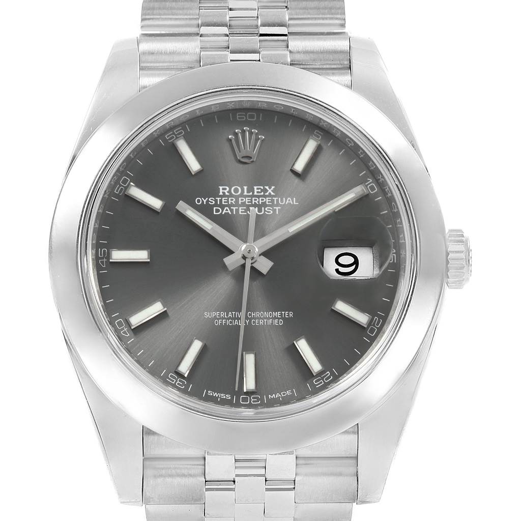 The image shows a front view of a Rolex Datejust 41 126300 Men's Stainless Steel Grey Dial 126300 Men's Stainless Steel Grey Dial watch, highlighting the dial, hands, bezel, and bracelet.