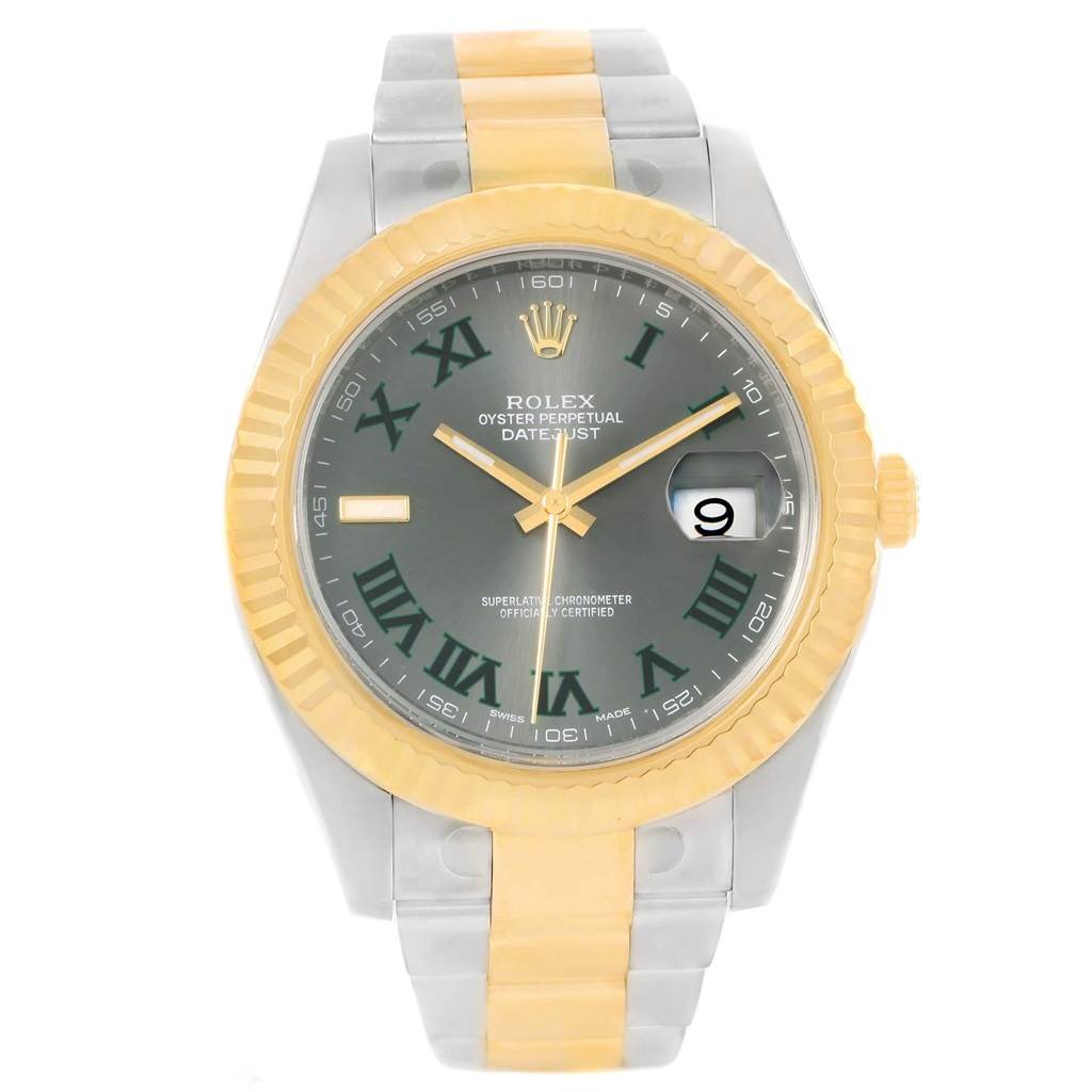 The Rolex Datejust 41 116333 Men's Steel and Gold (two tone) Grey Dial 116333 Men's Steel and Gold (two tone) Grey Dial watch is shown from the front, displaying the dial, bezel, and part of the bracelet.