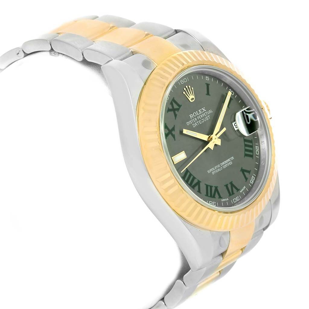 The image shows a side view of a Rolex Datejust 41 116333 Men's Steel and Gold (two tone) Grey Dial 116333 Men's Steel and Gold (two tone) Grey Dial, highlighting the two-tone bezel and bracelet, green dial, and date magnifier.