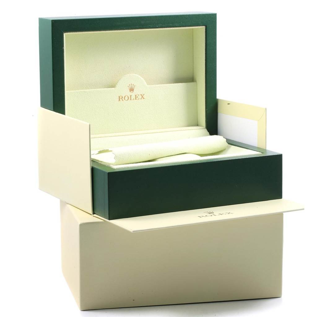 The image shows an opened Rolex Datejust 41 116333 Men's Steel and Gold (two tone) Grey Dial 116333 Men's Steel and Gold (two tone) Grey Dial watch box from a front angle.